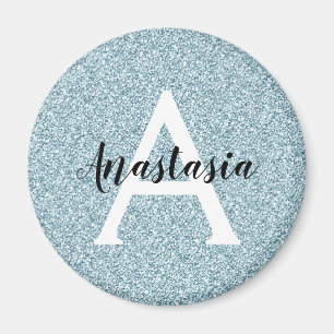 Glam Blau Silber Glitter Funkeln Monogramm Name Magnet