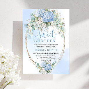 Glam Blaue Hortensie Gold Glitter 16. Geburtstag Einladung