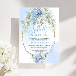 Glam Blaue Hortensien Gold Sweet Sixteen Einladung
