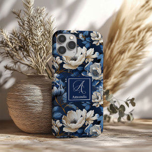 Glam Blaues und Elfenbeinernes Blumen Designer iPh iPhone 16 Hülle