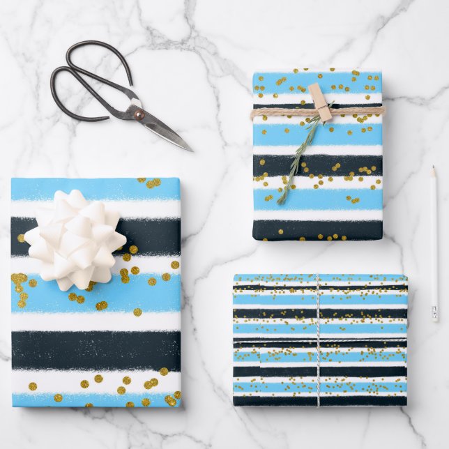 Glam Blue Black Gold Glitzer Strip Sparkle Geschenkpapier Set (Vorderseite)