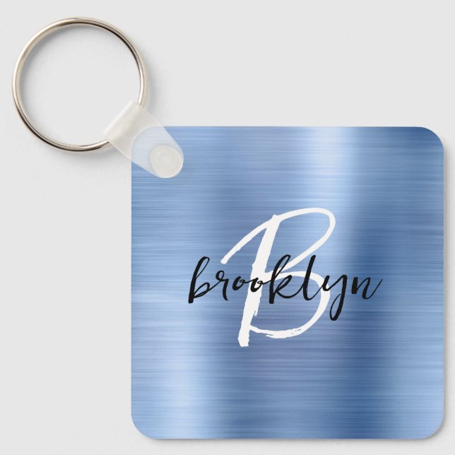 Glam Blue Brushed Metal Monogram  Schlüsselanhänger (Vorderseite)