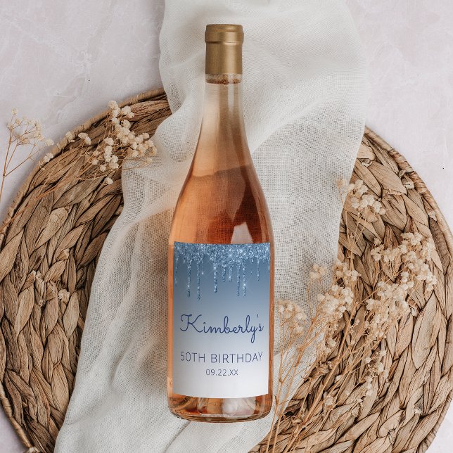 Glam Blue Glitter Drip 50th Birthday Party Weinetikett (Von Creator hochgeladen)