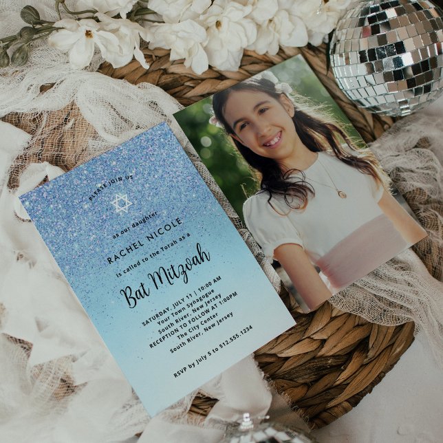 Glam Blue Glitzer Look Bat Mitzvah | Foto zurück Einladung (Von Creator hochgeladen)