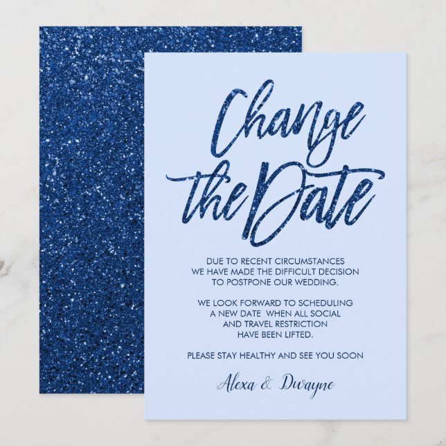 Glam Blue Glitzer storniert Verspätete Hochzeit Einladung (Vorne/Hinten)