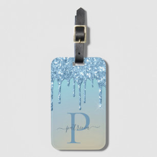Glam Blue Glitzer Tropfen Elegante Monogram Gepäckanhänger