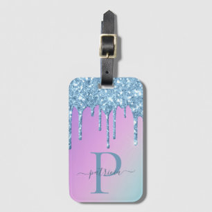 Glam Blue Glitzer Tropfen Elegante Monogram Gepäckanhänger