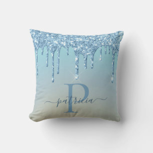 Glam Blue Glitzer Tropfen Elegante Monogram Kissen