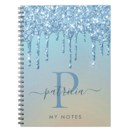 Glam Blue Glitzer Tropfen Elegante Monogram Notizblock