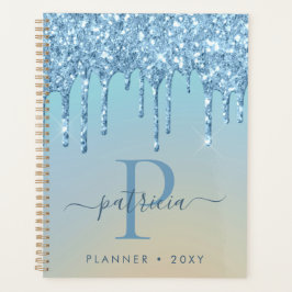 Glam Blue Glitzer Tropfen Elegante Monogram Planer