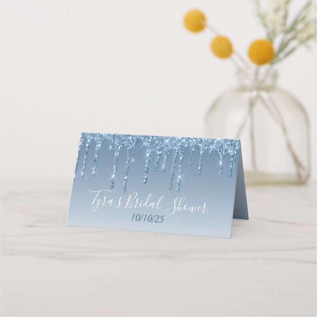 Glam Blue Glitzer Tropfen Elegante Personalisiert Platzkarte (Rückseite)