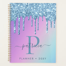 Glam Blue Glitzer Tropfen Eleganter Monogram Plane Planer