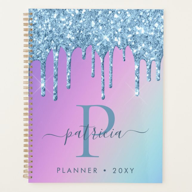 Glam Blue Glitzer Tropfen Eleganter Monogram Plane Planer (Vorderseite)