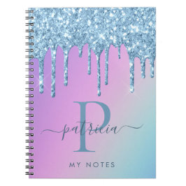 Glam Blue Glitzer Tropfen Elegantes Monogram Noteb Notizblock