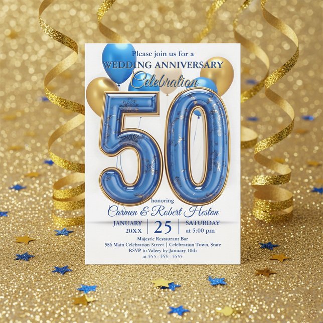 Glam Blue Gold Balloons 50th Wedding Anniversary  Einladung (Von Creator hochgeladen)