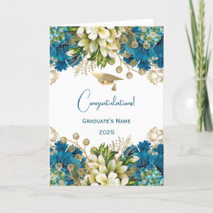 Glam Blue Gold Floral Abschluss Karte