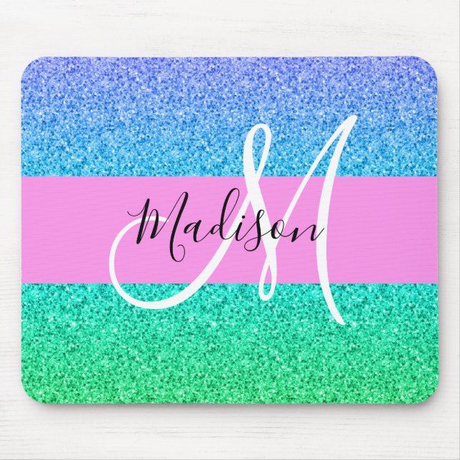 Glam Blue Green Glitzer Sparkle Gradient Monogram Mousepad (Vorne)