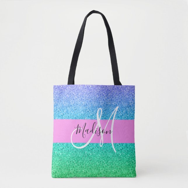 Glam Blue Green Glitzer Sparkle Gradient Monogram Tasche (Vorderseite)