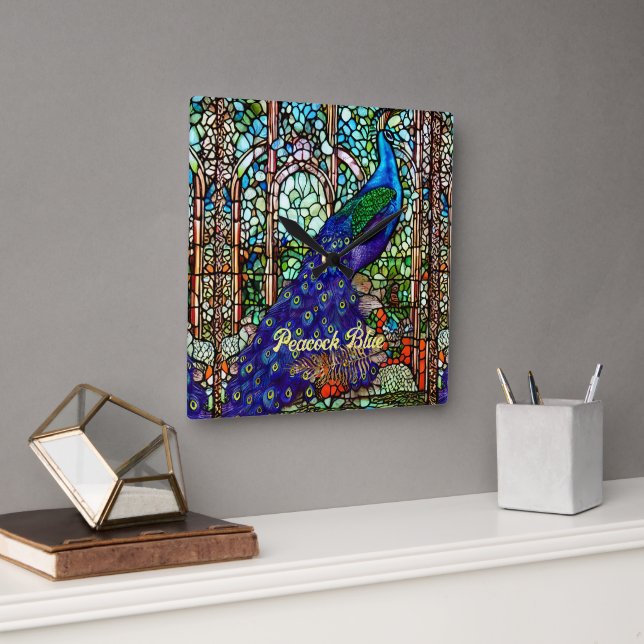Glam Blue Lila Peacock Festglas Quadratische Wanduhr (Büro)