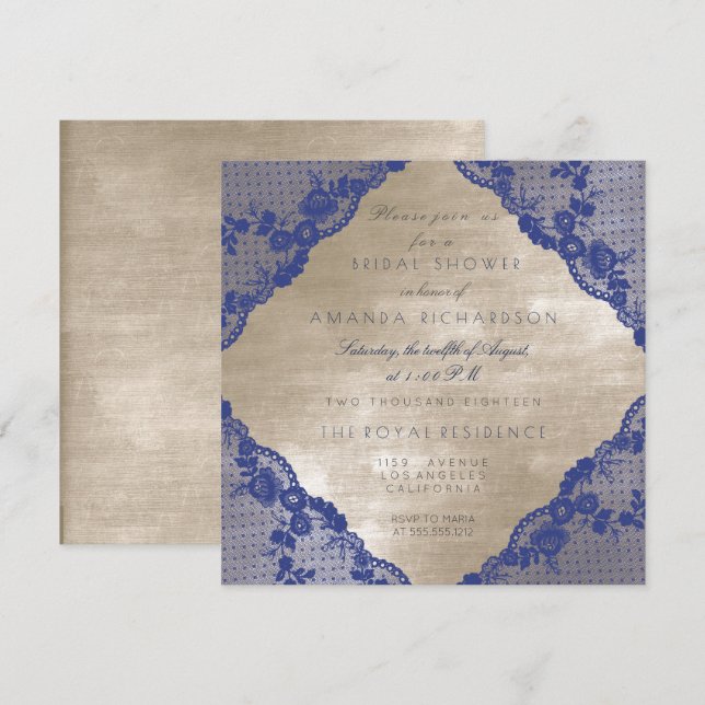 Glam Blue Navy Lace Ivory Velvet Brautparty Einladung (Vorne/Hinten)
