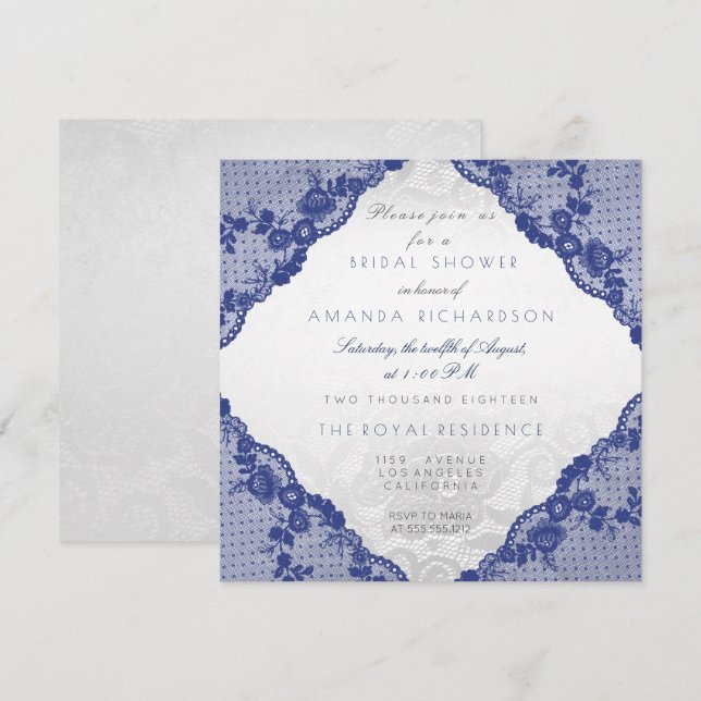 Glam Blue Navy Lace Silver Floral Brautparty Einladung (Vorne/Hinten)