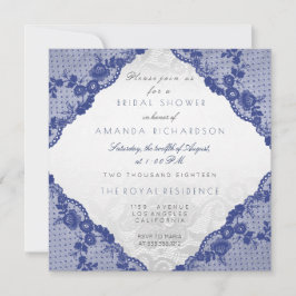 Glam Blue Navy Lace Silver Floral Brautparty Einladung