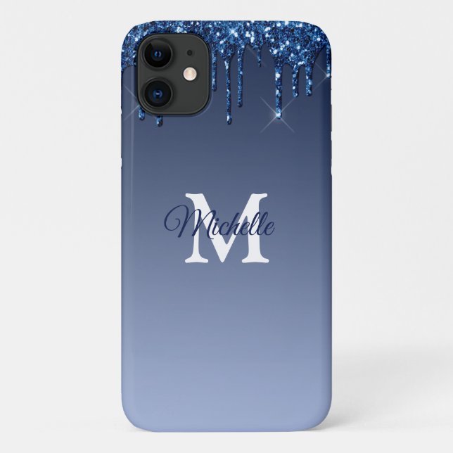 Glam & Blue Ombre Glitzer Personalisiert Monogram Case-Mate iPhone Hülle (Rückseite)