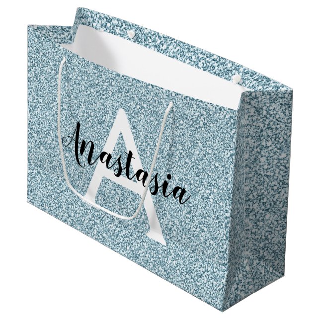 Glam Blue Silver Glitzer Glitzern Monogram Name Große Geschenktüte (Vorderseite Schrägansicht)