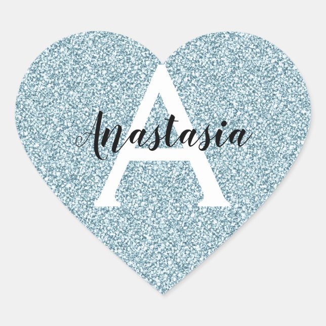Glam Blue Silver Glitzer Glitzern Monogram Name Herz-Aufkleber (Vorderseite)