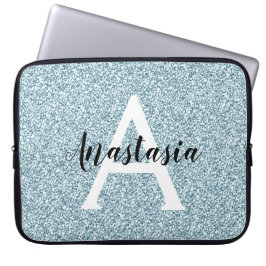 Glam Blue Silver Glitzer Glitzern Monogram Name Laptopschutzhülle