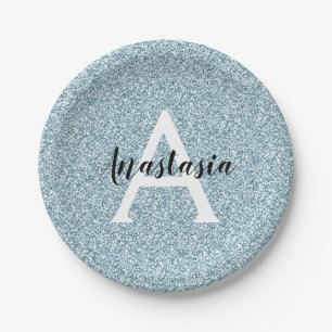 Glam Blue Silver Glitzer Glitzern Monogram Name Pappteller