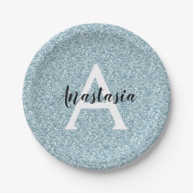 Glam Blue Silver Glitzer Glitzern Monogram Name Pappteller (Vorderseite)