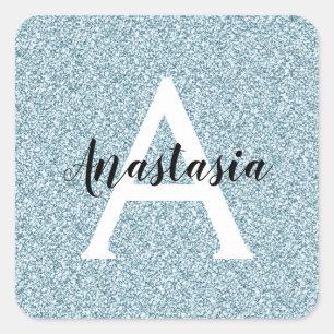 Glam Blue Silver Glitzer Glitzern Monogram Name Quadratischer Aufkleber
