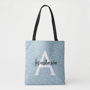 Glam Blue Silver Glitzer Glitzern Monogram Name Tasche