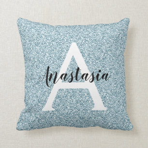 Glam Blue Silver Glitzer Glitzern Monogramm Name Kissen