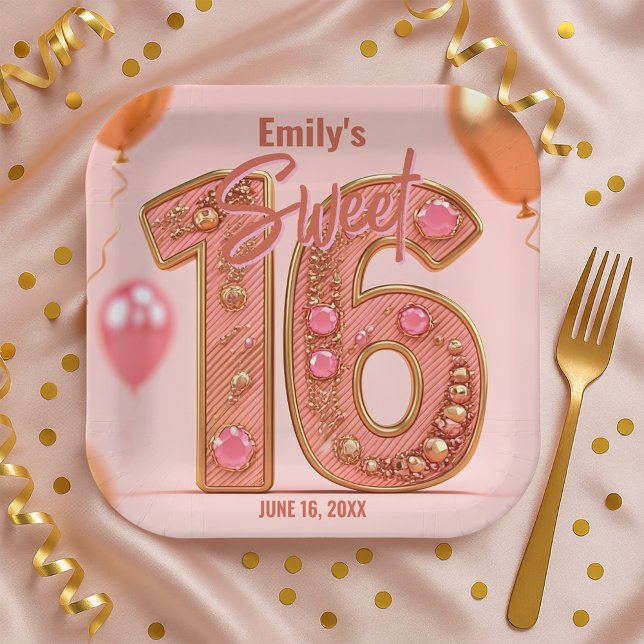 Glam Blush and Rose Gold Sparkle Sweet Sixteen  Pappteller (Von Creator hochgeladen)