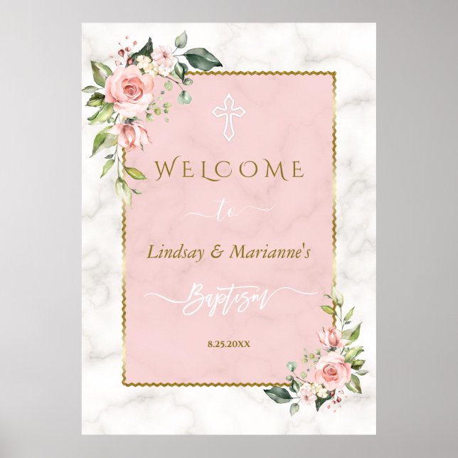 Glam Blush Floral Gold Zwillinge Begrüßung Taufe Z Poster (Vorne)