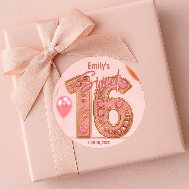 Glam Blush Pink and Gold Gemstone Sweet Sixteen  Runder Aufkleber (Von Creator hochgeladen)