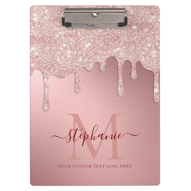 Glam Blush Pink Glitzer Tropfen Foil Monogramm Klemmbrett (Vorderseite)