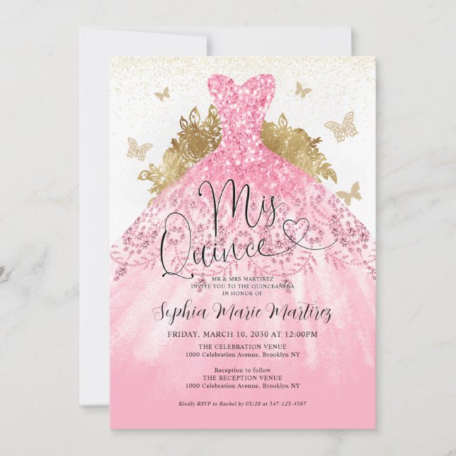 Glam Blush Pink Gold Dress Mis Quince Quinceañera Einladung (Vorderseite)