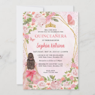 Glam Blush Pink Gold Floral Prinzessin Quinceañera Einladung