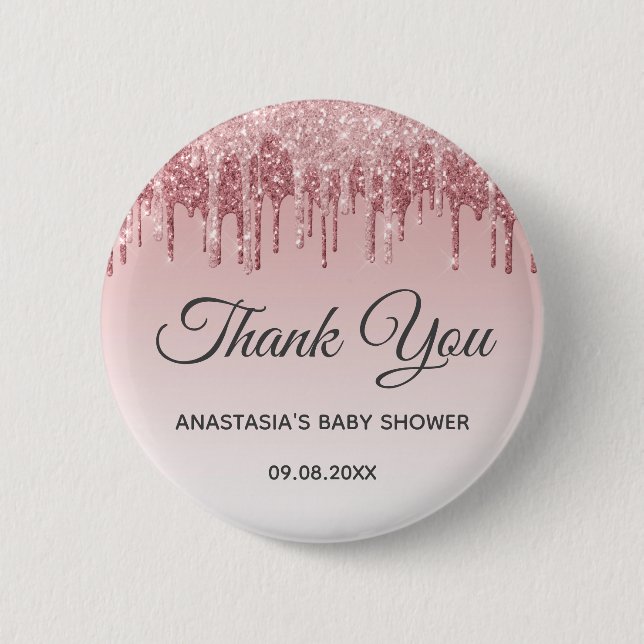 Glam Blush Pink Gold Glitzer Danke Baby Dusche Button (Vorderseite)