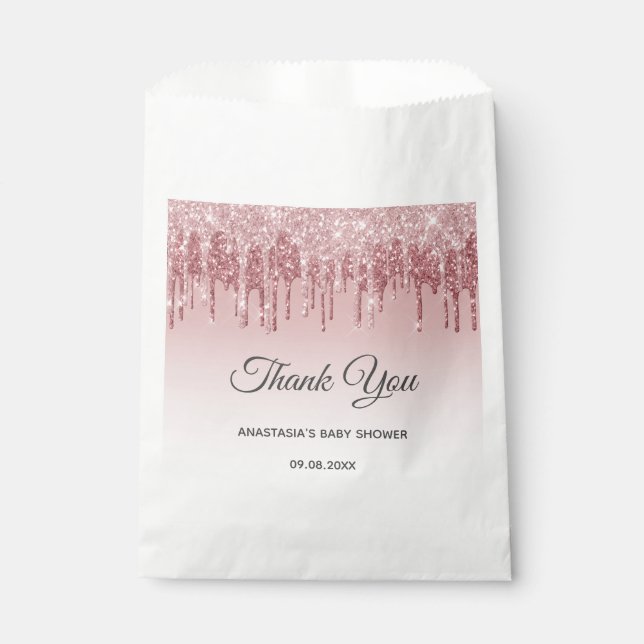 Glam Blush Pink Gold Glitzer Danke Baby Dusche Geschenktütchen (Vorderseite)