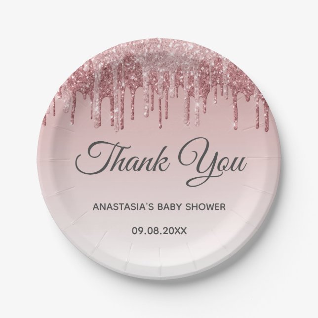 Glam Blush Pink Gold Glitzer Danke Baby Dusche Pappteller (Vorderseite)