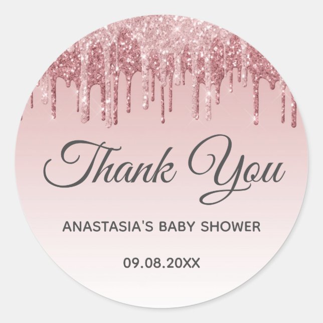 Glam Blush Pink Gold Glitzer Danke Baby Dusche Runder Aufkleber (Vorderseite)