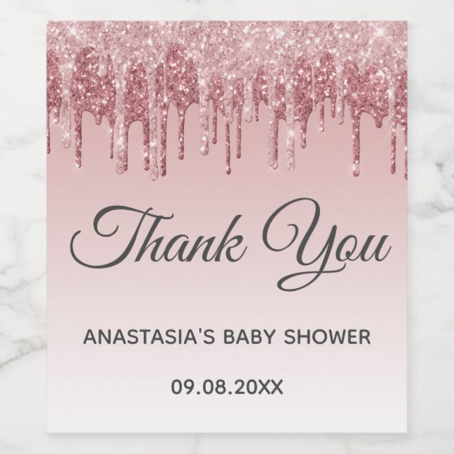 Glam Blush Pink Gold Glitzer Danke Baby Dusche Weinetikett (Einzelnes Label)