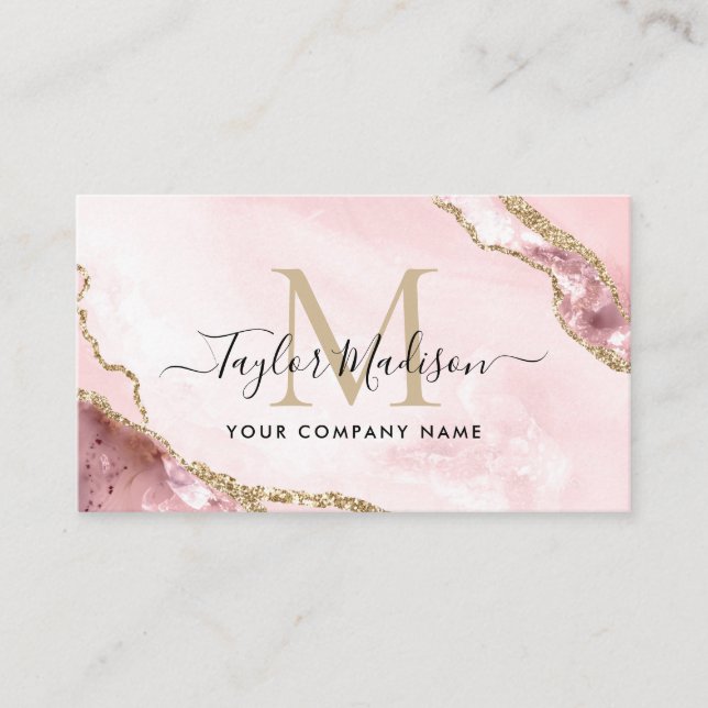 Glam Blush Pink Gold Glitzer Marmoragate Monogram Visitenkarte (Vorderseite)