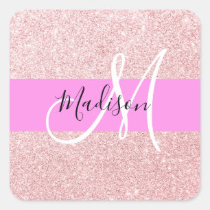 Glam Blush Pink Rosen Gold Glitter Funkel Monogram Quadratischer Aufkleber