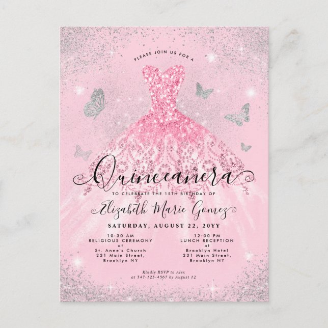 Glam Blush Pink Silver Glitzer Gown Quinceanera Postkarte (Vorderseite)