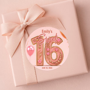 Glam Blush Pink und Gold Edelstein Sweet Sixteen Runder Aufkleber